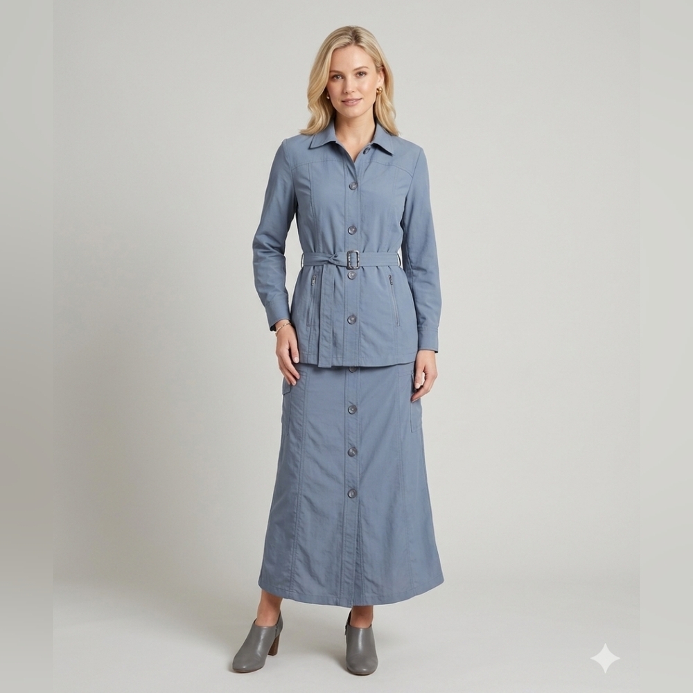 SZ10 Tilley Endurables Nylon Blue Gray Midi Skirt Set Travel Safari Vintage
